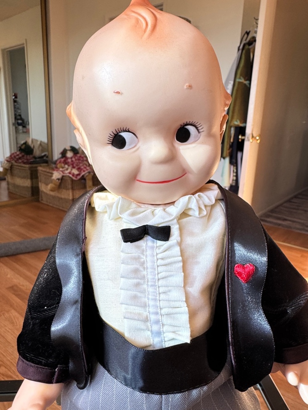 Vintage 1967 Kewpie Collectable Doll in Black,Gray and Cream Tuxedo Outfit, 16” - Picture 2 of 5